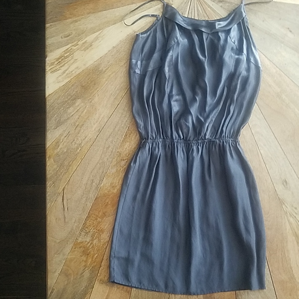 Dark grey silk dress with satin accents